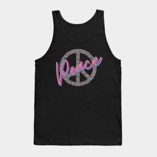 Peace Sign Word Art Flowers Pink Teal Hippie Retro Vintage Tank Top